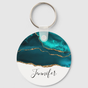 Modern Stylish Teal Agate & Gold Ribbon on White Key Ring