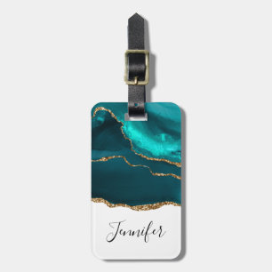 Modern Stylish Teal Agate & Gold Ribbon on White Luggage Tag