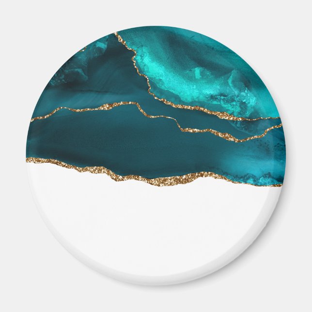 Modern Stylish Teal Agate & Gold Ribbon on White Magnet (Front)