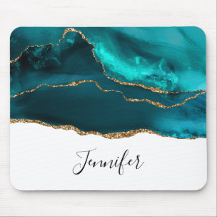Modern Stylish Teal Agate & Gold Ribbon on White Mouse Mat