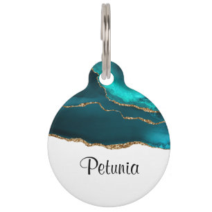 Modern Stylish Teal Agate & Gold Ribbon on White Pet Tag