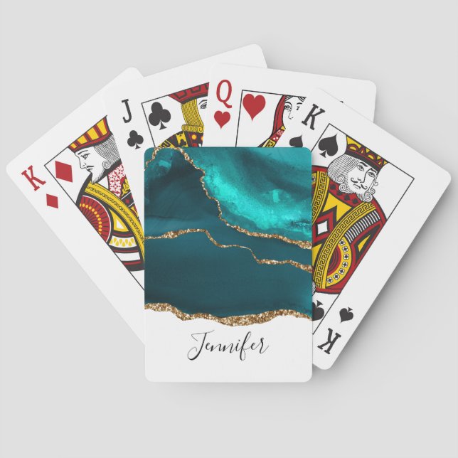 Modern Stylish Teal Agate & Gold Ribbon on White Playing Cards (Back)