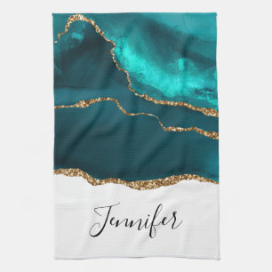 Modern Stylish Teal Agate & Gold Ribbon on White Tea Towel
