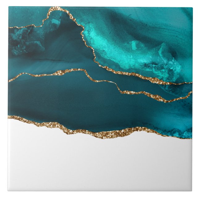 Modern Stylish Teal Agate & Gold Ribbon on White Tile (Front)