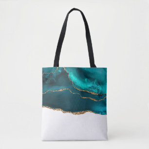 Modern Stylish Teal Agate & Gold Ribbon on White Tote Bag