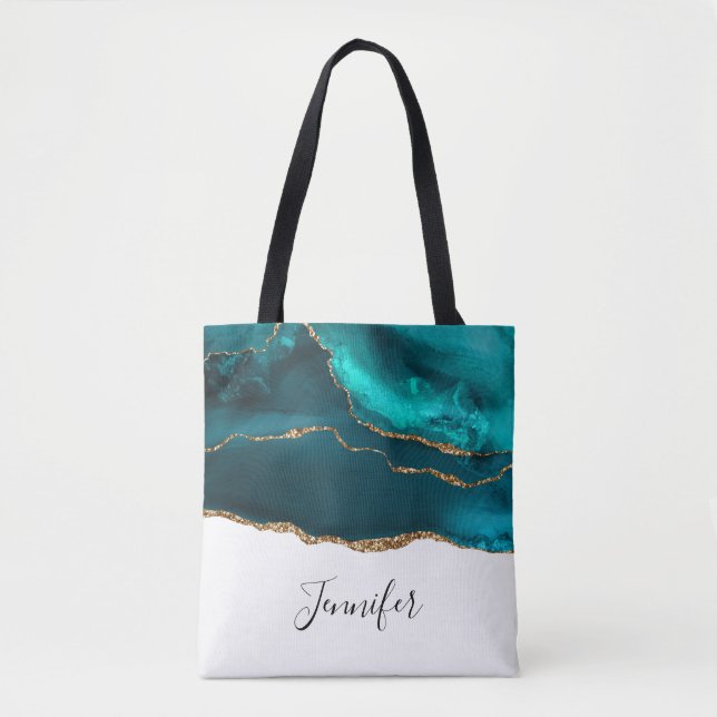 Modern Stylish Teal Agate & Gold Ribbon on White Tote Bag (Front)