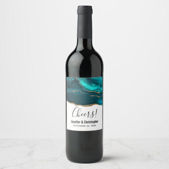 Modern Stylish Teal Agate & Gold Ribbon on White Wine Label (Front)