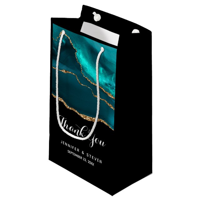 Modern Stylish Teal Agate & Gold Ribbon Thank You Small Gift Bag (Front Angled)