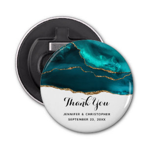 Modern Stylish Teal Agate & Gold Ribbon Wedding Bottle Opener