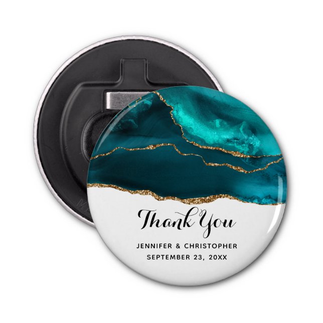 Modern Stylish Teal Agate & Gold Ribbon Wedding Bottle Opener (Front)