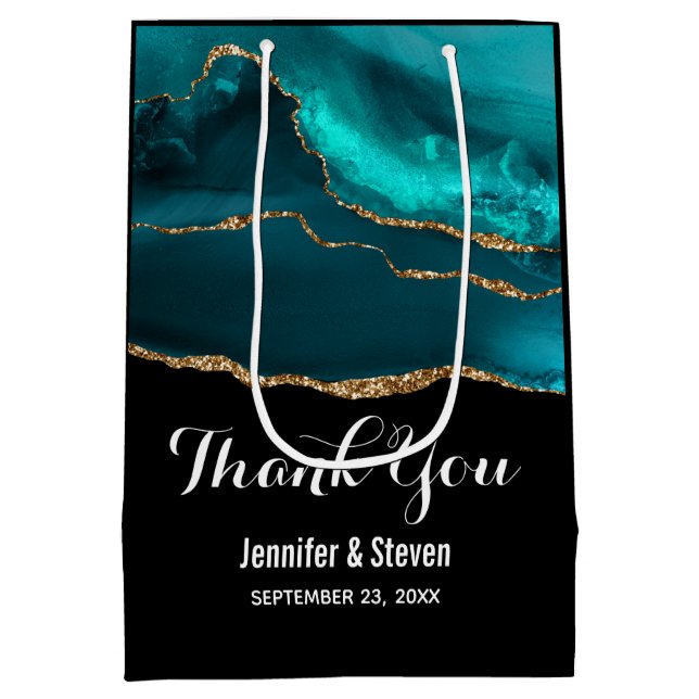 Modern Stylish Teal Agate & Gold Ribbon Wedding Medium Gift Bag (Back)
