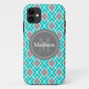Modern Stylish Teal Blue Grey Diamond Pattern iPhone 11 Case