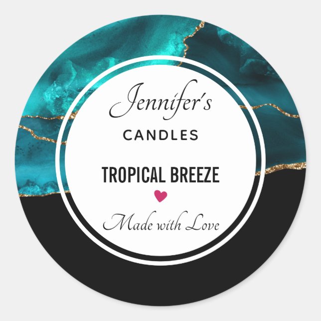Modern Stylish Teal & Gold Agate Candle Classic Round Sticker (Front)