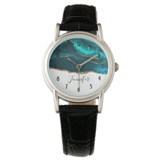 Modern Stylish Teal & Gold Agate on White Watch (Front)