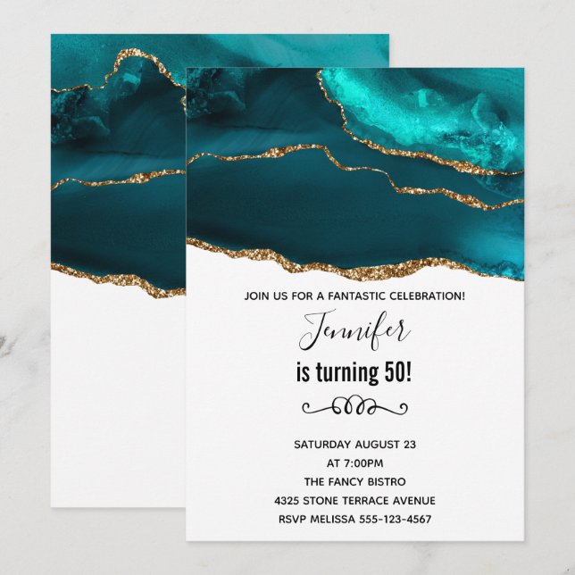 Modern Stylish Teal Gold & White Agate Birthday Invitation (Front/Back)