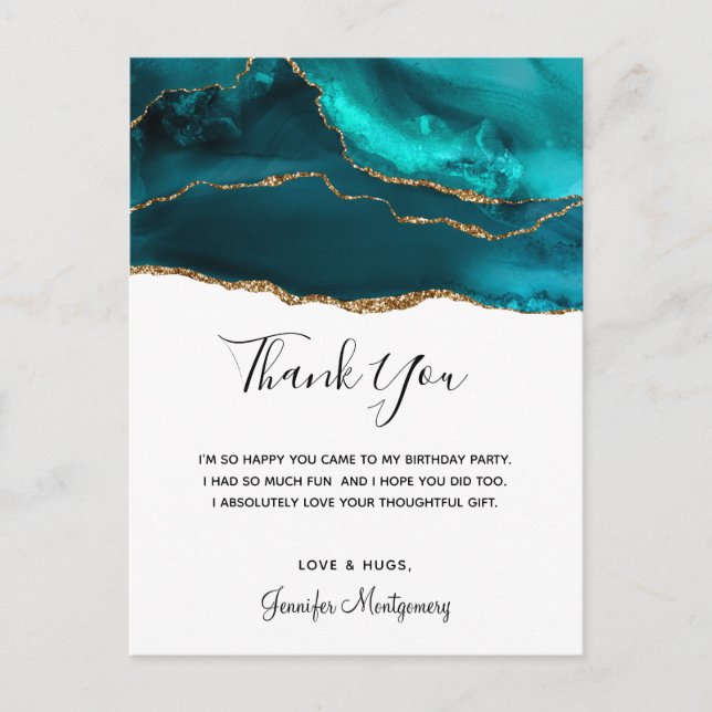 Modern Stylish Teal Gold & White Agate Thank You Postcard (Front)