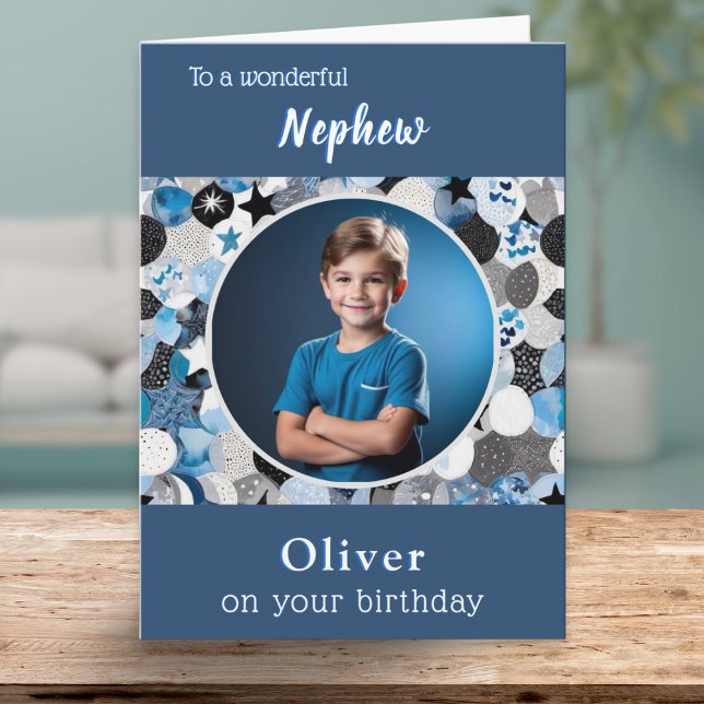 Modern Stylish Trendy 1 Photo Nephew Birthday Card (A birthday card for a nephew, with personalized name and custom photo)