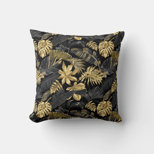 Modern Stylish Trendy Black Gold Tropical Pattern Cushion (Front)