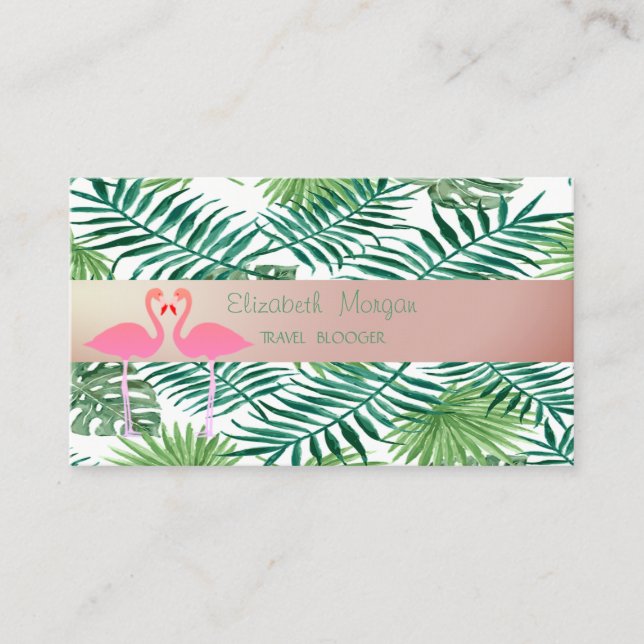 Modern Stylish,Tropical Palm Leaves,Pink Flamingos Business Card (Front)