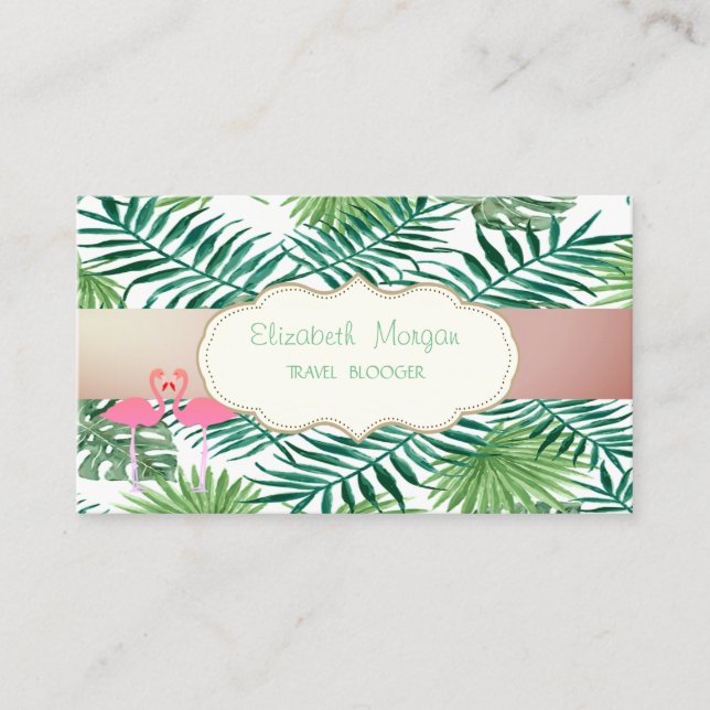Modern Stylish,Tropical Palm Leaves,Pink Flamingos Business Card (Front)