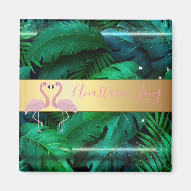 Modern Stylish,Tropical Palm Leaves,Pink Flamingos Magnet (Front)