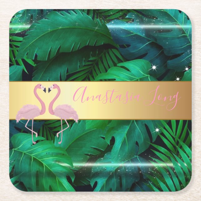 Modern Stylish,Tropical Palm Leaves,Pink Flamingos Square Paper Coaster (Front)