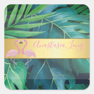 Modern Stylish,Tropical Palm Leaves,Pink Flamingos Square Sticker
