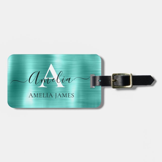 Modern Stylish Turquoise Brushed Metal Monogrammed Luggage Tag (Front Horizontal)