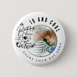 Modern Stylish Typography Grandson Birthday Photo 6 Cm Round Badge