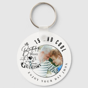 Modern Stylish Typography Grandson Birthday Photo Key Ring