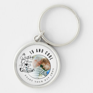 Modern Stylish Typography Grandson Birthday Photo Key Ring