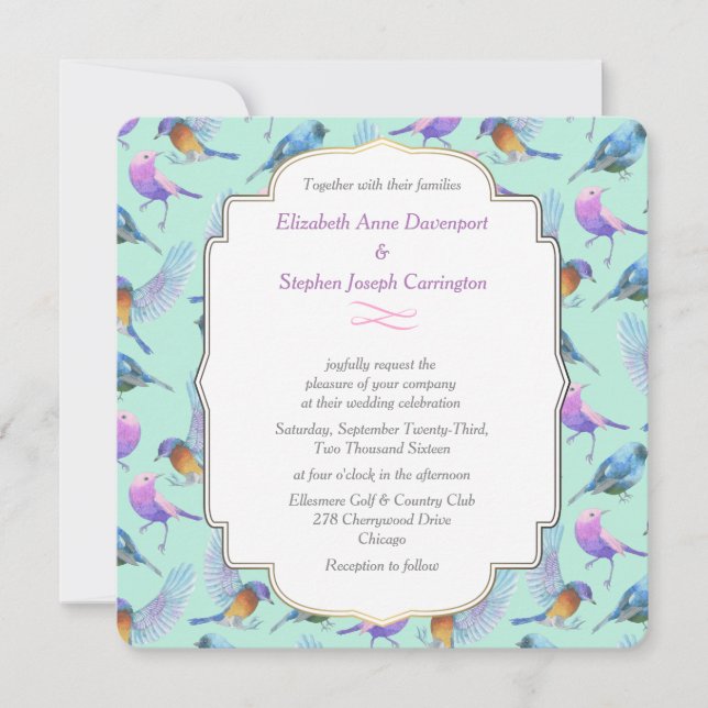 Modern Stylish Watercolor Birds Wedding Invitation (Front)