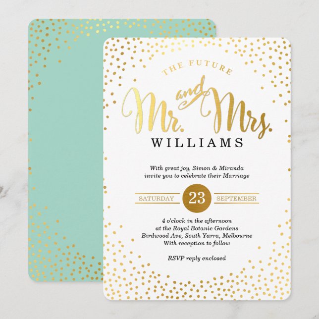 MODERN STYLISH WEDDING gold confetti mint black Invitation (Front/Back)