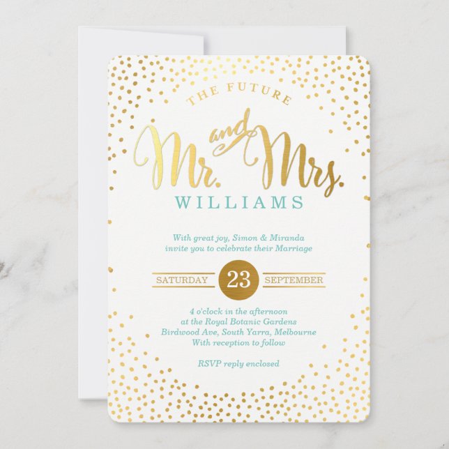 MODERN STYLISH WEDDING mini gold confetti mint Invitation (Front)