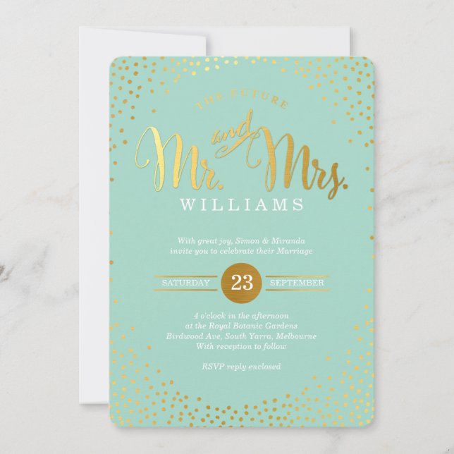 MODERN STYLISH WEDDING mini gold confetti mint Invitation (Front)