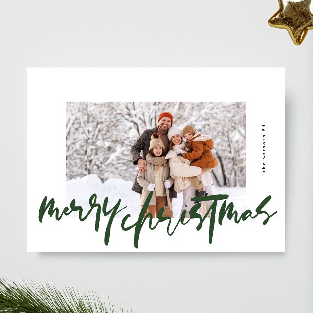 modern stylish white & green photo merry christmas holiday card (Creator Uploaded)