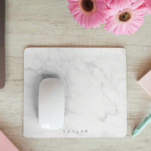 Modern Stylish White & Grey Marble Custom Name Mouse Mat