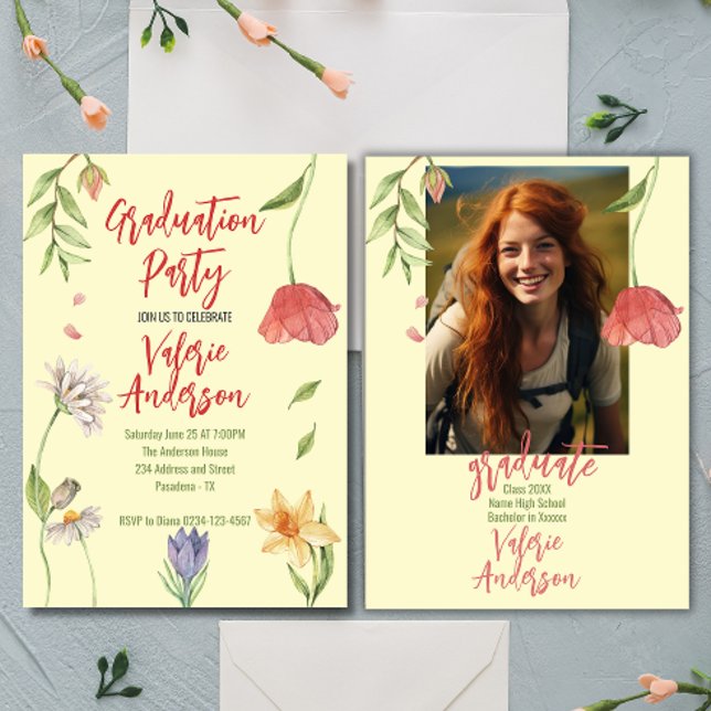 Modern Stylish wild flowers graduation  Invitation (Modern Stylish wild flowers graduation Invitation by Creative Design and made with love on Zazzle)