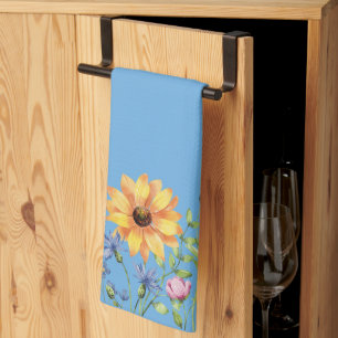 Modern Stylish Wildflowers on Blue Background Tea Towel