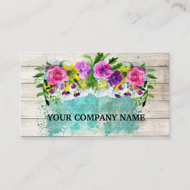 Modern Stylish Wood Floral Turquoise Watercolor Business Card (Front)