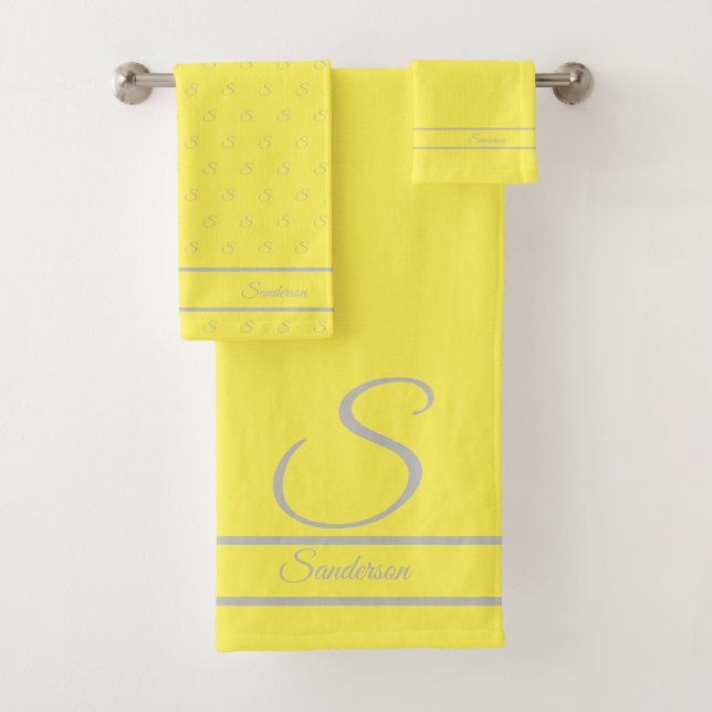 Modern Stylish  Yellow and Grey Monogram  Bath Towel Set (Insitu)