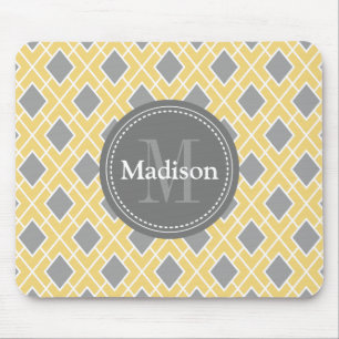 Modern Stylish Yellow Grey Diamond Pattern Mouse Mat