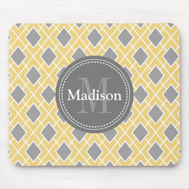 Modern Stylish Yellow Grey Diamond Pattern Mouse Mat (Front)