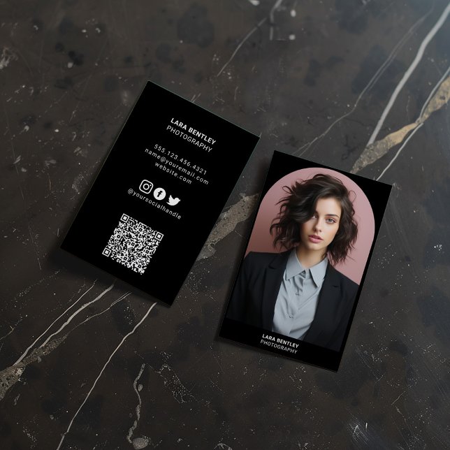Modern stylist photo social media with QR code Business Card (Photo business card with photo, social links and QR Code)