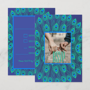 MODERN STYLIZED PEACOCK BIRD FEATHER PATTERN BLUE INVITATION