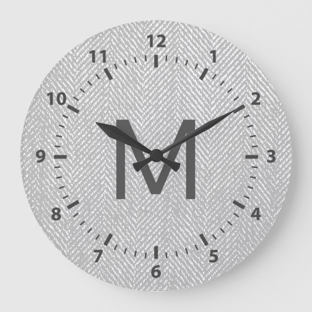 Modern Subtle Gray & White Herringbone Large Clock (Front)