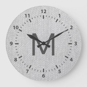 Modern Subtle Grey & White Herringbone Large Clock