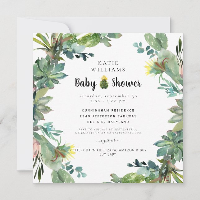 Modern Succulent Cactus Baby Shower Square Invitation (Front)