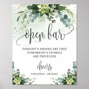 Modern succulent eucalyptus open bar sign