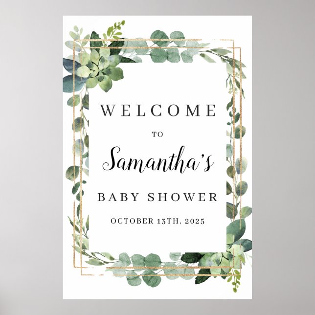 Modern succulent greenery foliage gold welcome poster (Front)